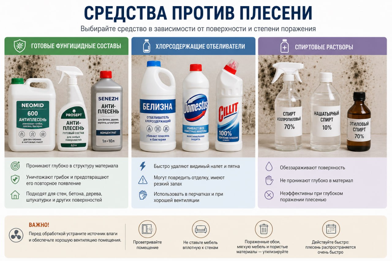 Готовые фунгицидные составы, хлорсодержащие отбеливатели и спиртовые растворы